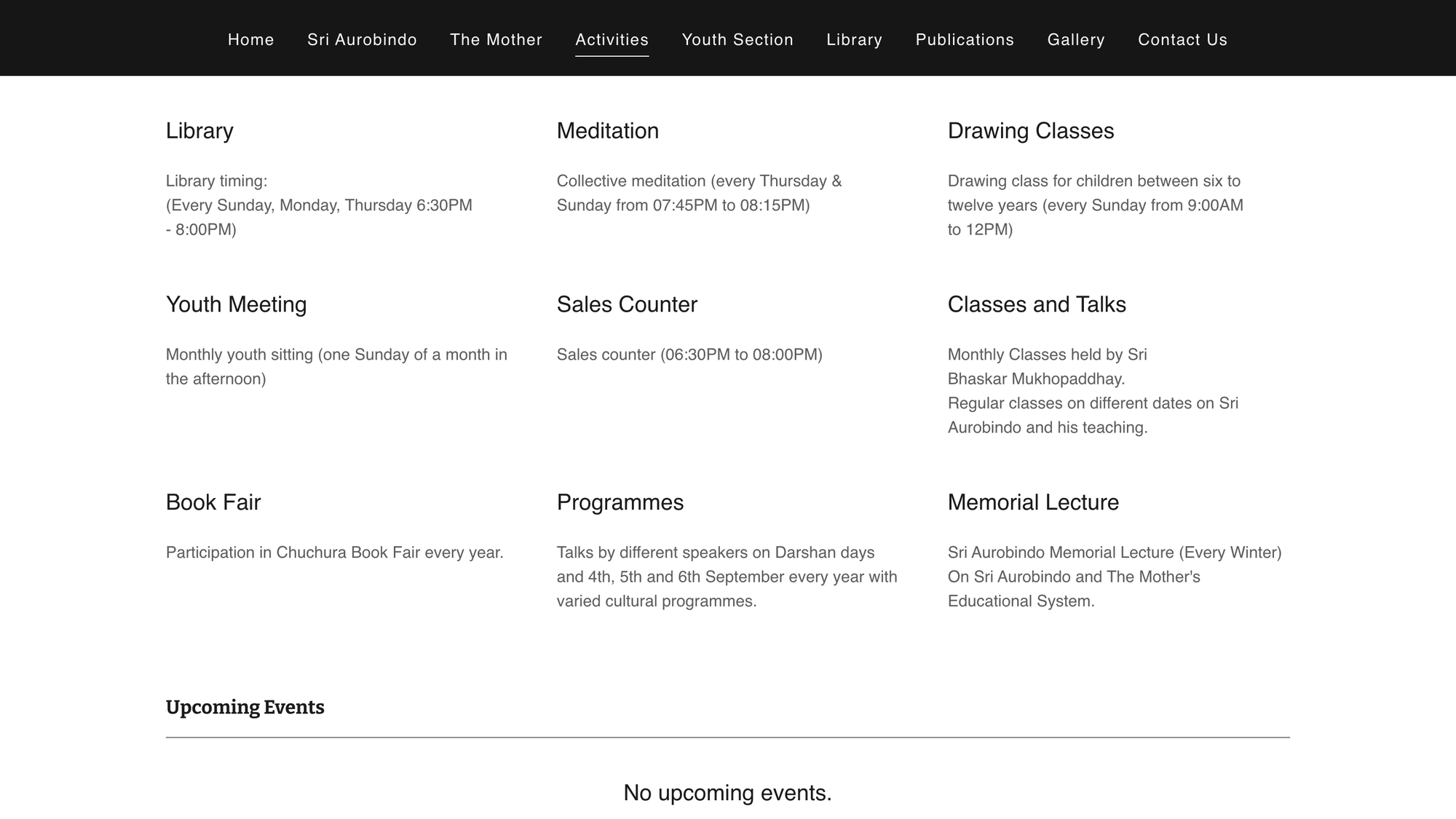 Sri Aurobindo Bhavan Activities and Cultural Programs schedule