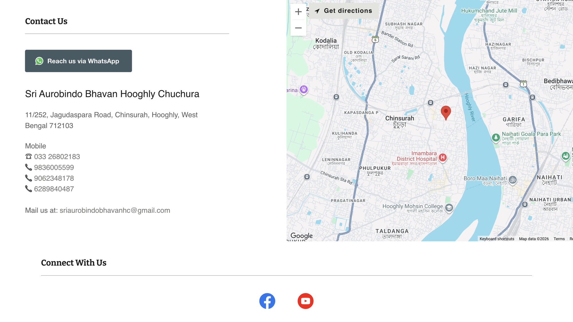 Sri Aurobindo Bhavan Contact Hub with Google Maps and WhatsApp integration