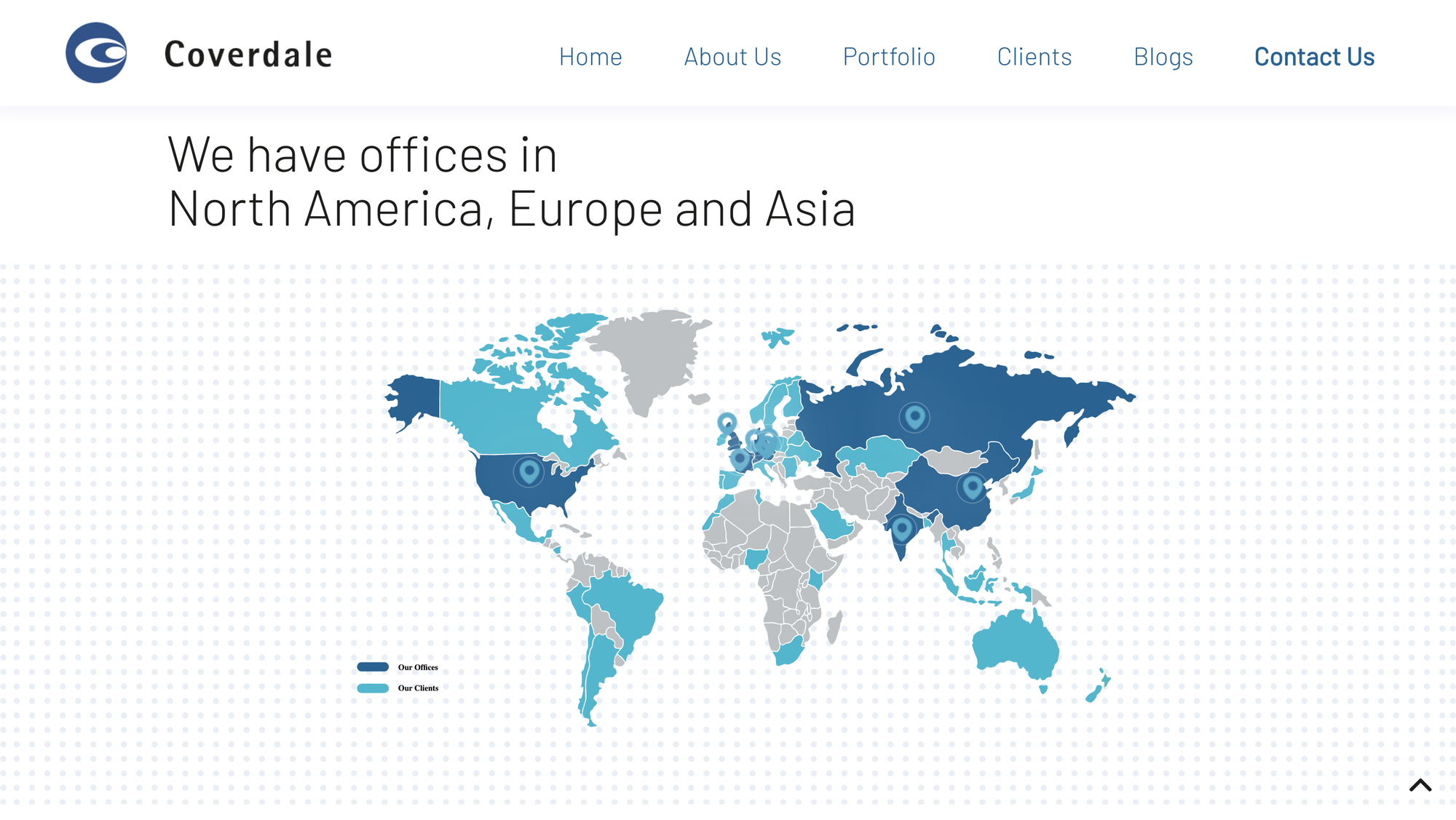 Coverdale Global Presence interactive map covering North America, Europe and Asia
