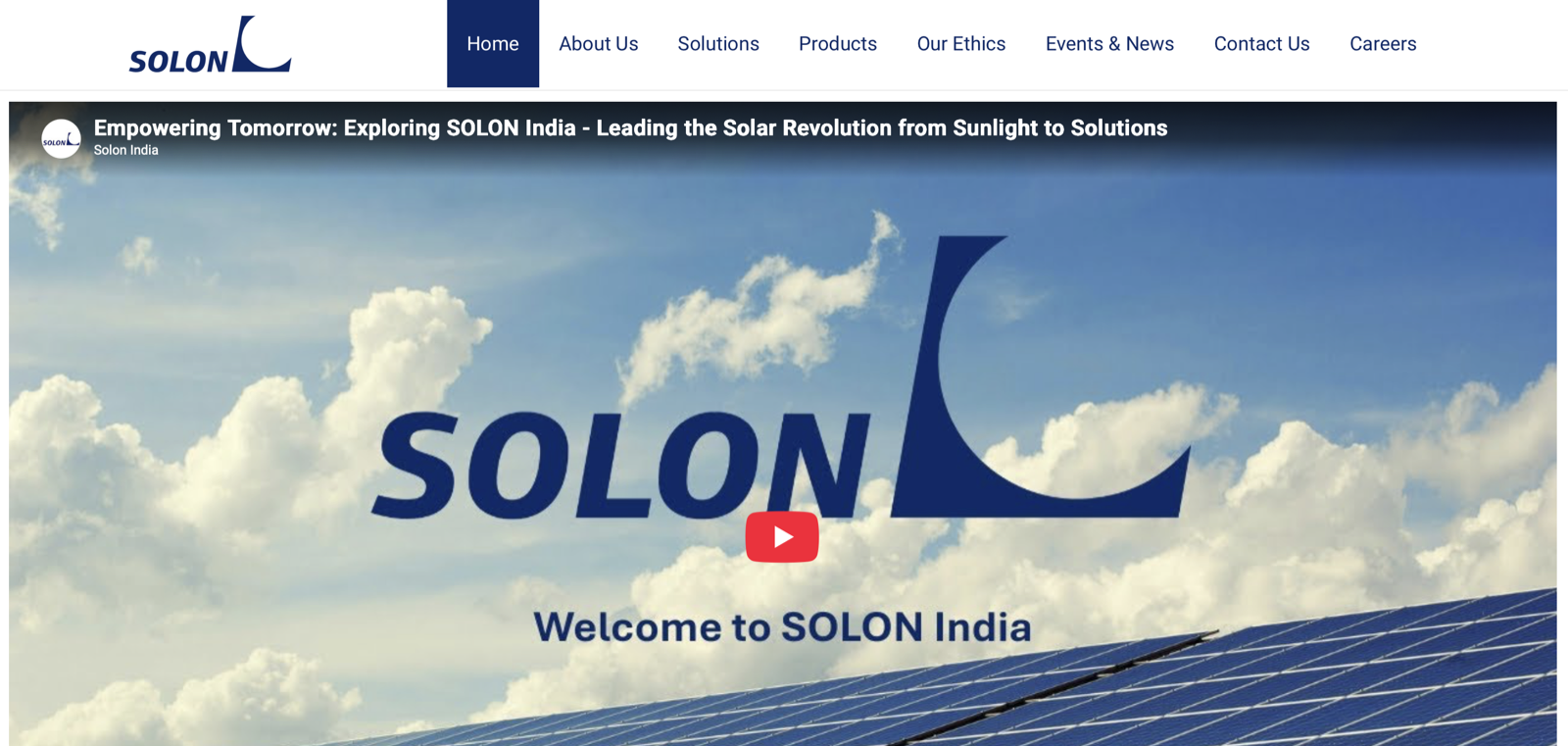 SOLON India Corporate Website Homepage with video hero and modern navigation